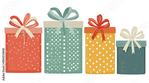 Colorful illustration of festive gift boxes with bows, perfect for holidays, birthdays, or celebrations. A cheerful design.