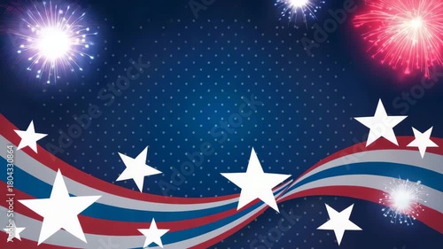 Patriotic background with sparkling fireworks and red white and blue stripes featuring white stars for celebration.