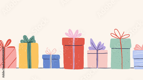 Assorted colorful gift boxes with decorative ribbons and bows, hand-drawn illustration. Horizontal border design for presents and celebrations.
