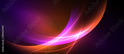 Abstract design features vibrant curves, gradients. Purple, orange, pink hues blend seamlessly creating dynamic visual effect. Smooth lines suggest movement.