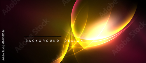 Abstract design features glowing curves, warm colors. Dark background enhances bright light effects, creating dynamic visual impact.