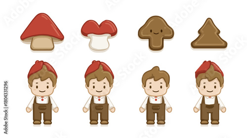 Cute cartoon forest gnome boy characters and whimsical mushroom icons vector set, charming illustrations for nature, fantasy, or game design.