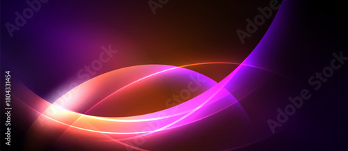 Abstract vibrant curves, glowing lines. Purple, orange hues blend into dark background. Dynamic energy radiates from central point.