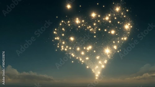 Heart-shaped sparkles illuminate the night sky, gradually cascading downwards in a magical display