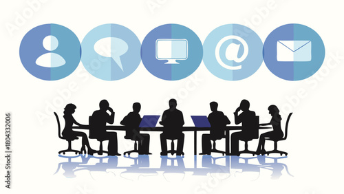 Diverse group of people in silhouette form collaborating and working on laptops in a modern circular office space representing teamwork and productivity