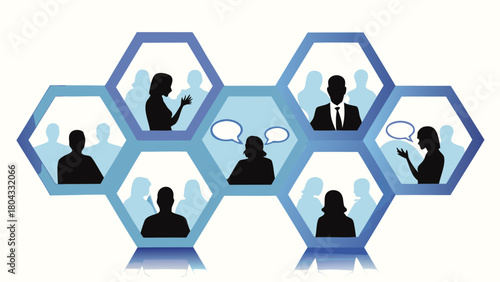 Modern business professionals depicted in a hexagonal network layout symbolizing teamwork connectivity and corporate strategy with clean geometric design elements and vibrant color options