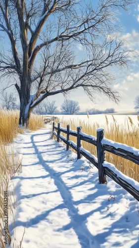 Snowy landscape with wooden fence and bare trees on a bright winter day in the countryside
