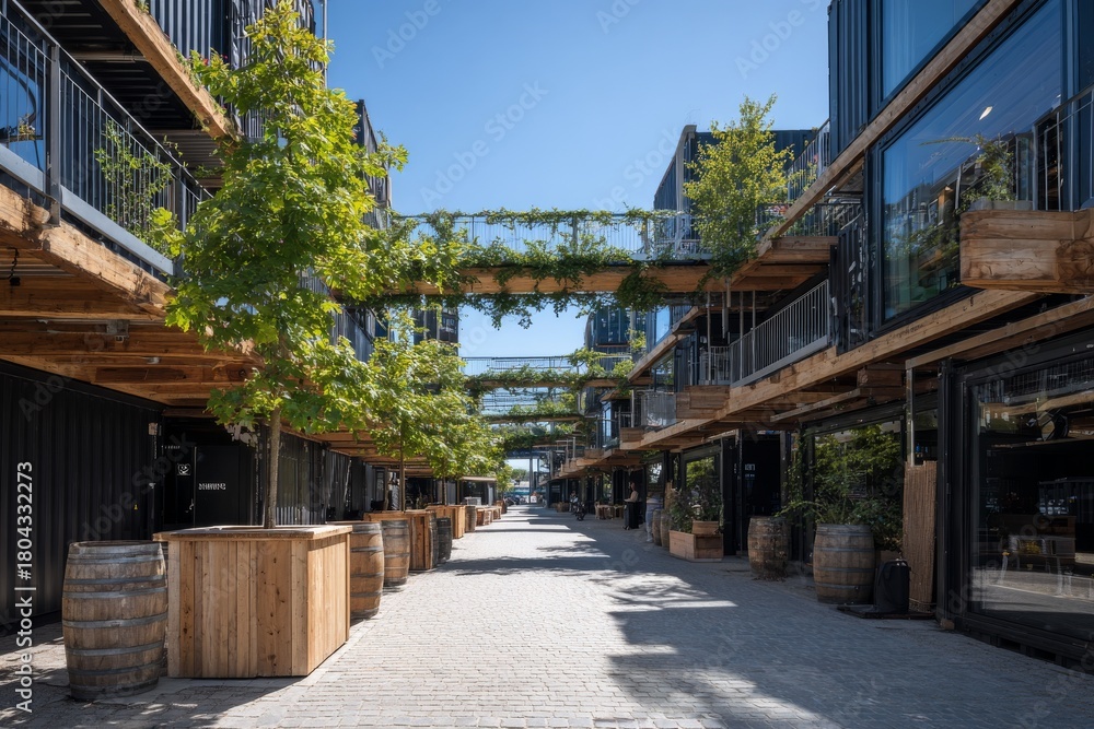 Obraz premium Modern marketplace with greenery and wooden accents under a clear blue sky
