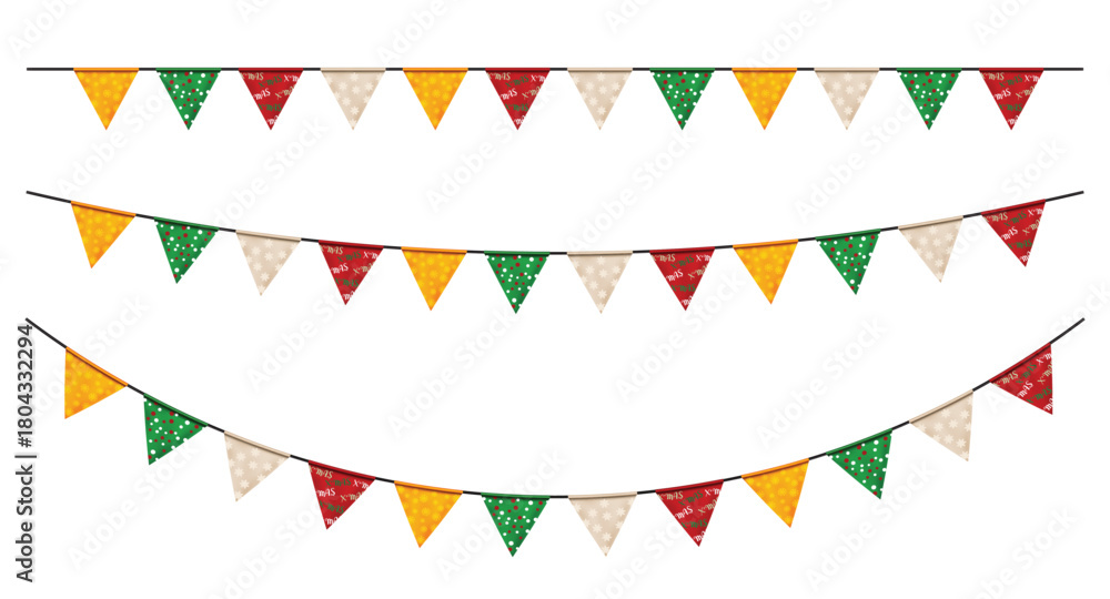 Obraz premium Christmas garland with flags hanging on rope banner. Triangular pennant decoration festival. Perfect for party, Birthday, Christmas, anniversary, and festival fair, birthday, anniversary, New Year
