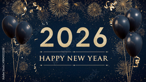 A festive image with navy blue balloons, celebratory fireworks, and shimmering confetti against a deep blue backdrop celebrates the start of 2026. 