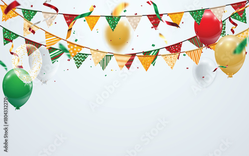 Festive Christmas celebration with red and green and glod helium balloons, decorative bunting flags, and scattered confetti. For party, event, holiday celebrations, New Year, christmas, birthday