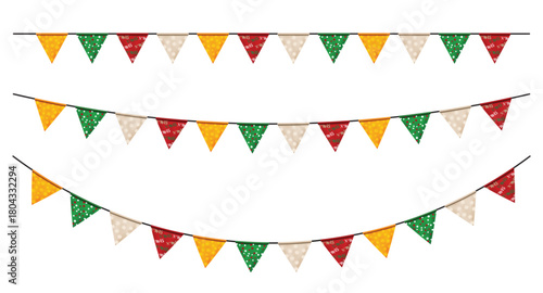 Christmas garland with flags hanging on rope banner. Triangular pennant decoration festival. Perfect for party, Birthday, Christmas, anniversary, and festival fair, birthday, anniversary, New Year	
