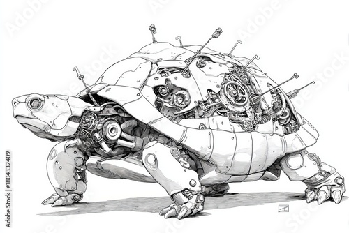 Mechanical turtle showcases intricate design blending nature and technology in a futuristic setting