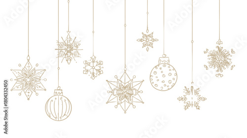 Elegant Golden Line Art Winter Holiday Decorations Set: Intricate Hanging Snowflakes and Ornate Baubles on White Background