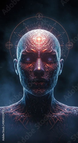 Ethereal human-like skull adorned with intricate spiritual patterns, glowing with mystical energy against a dark, foggy background, evoking ancient magic ,supernatural ,occult ,ethereal light