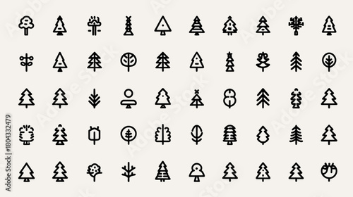 Diverse collection of minimalist tree icons. Outline style forest, nature, and plant symbols for web and graphic design projects.