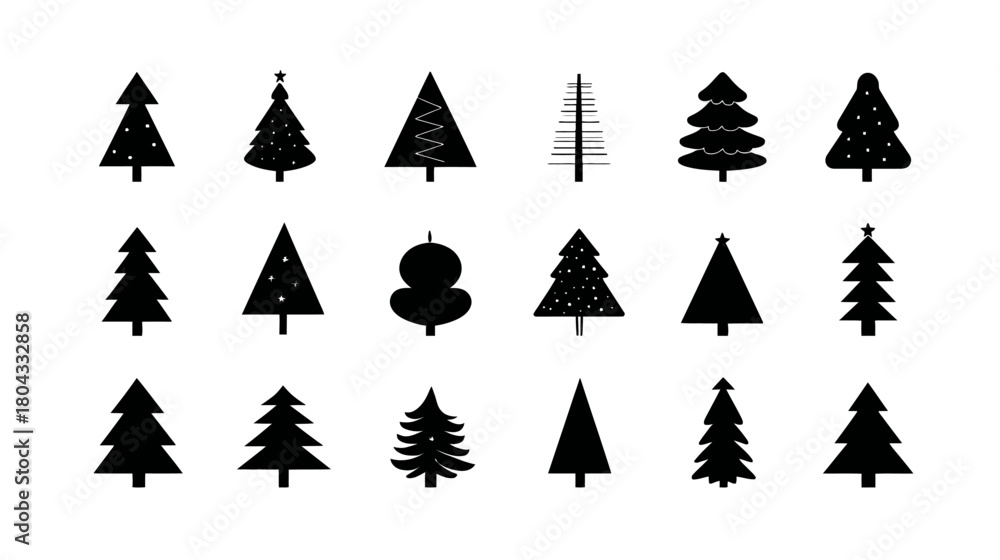 Obraz premium Black Christmas tree silhouettes set. Diverse evergreen coniferous tree shapes. Minimalist winter holiday and forest icons.