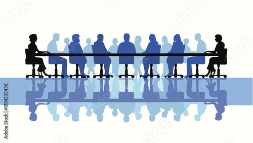 Modern panoramic view of a long expansive meeting table with chairs suitable for corporate presentations office interiors and business discussions