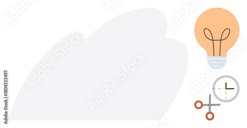 Lightbulb symbolizing creativity, clock for time management, scissors representing precision. Ideal for innovation, productivity, planning, creativity, strategy efficiency teamwork. Simple flat