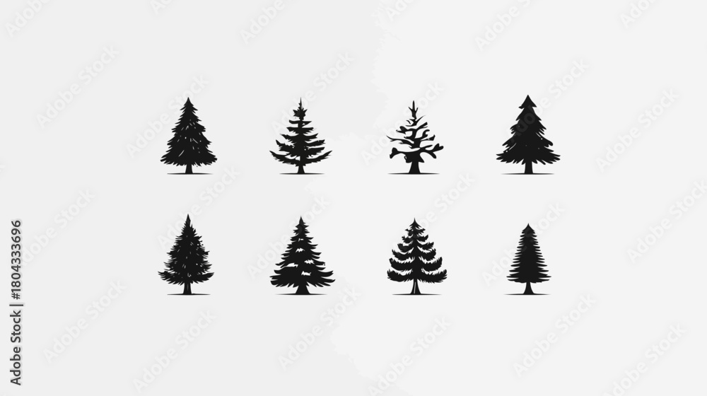 Obraz premium Set of eight diverse evergreen tree silhouettes. Minimalist graphic icon collection with various pine, fir, and spruce forest elements.