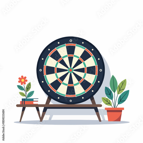 Minimalist dartboard illustration on a stand. Business target, goal, and accuracy concept. Flat design graphic for marketing and strategy