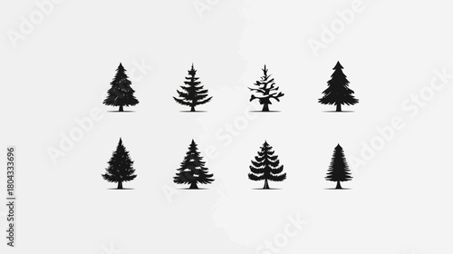 Set of eight diverse evergreen tree silhouettes. Minimalist graphic icon collection with various pine, fir, and spruce forest elements.