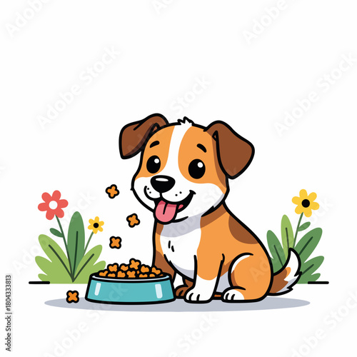 Cartoon illustration of a happy dog eating food. A small puppy with a bowl of kibble for pet care concepts. Flat graphic design