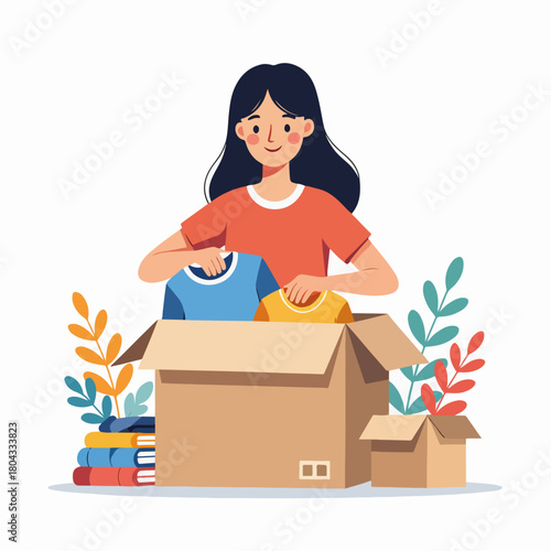 A woman packing a donation box with clothes. Charity and volunteering concept. Simple flat design character graphic
