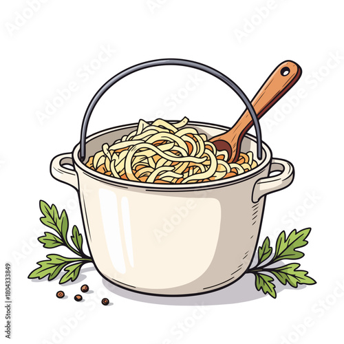 Homemade sauerkraut in a cooking pot. Cartoon illustration of a traditional German fermented cabbage dish. Healthy food graphic isolated on white background.