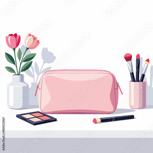 Makeup pouch and cosmetics collection. Flat design graphic of beauty products. Vanity scene with eyeshadow and brushes isolated on a white background