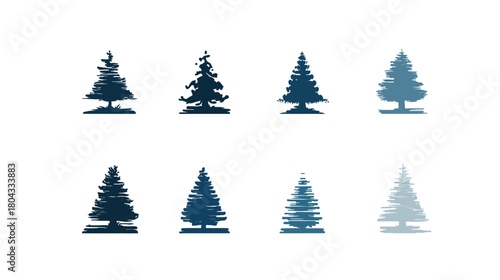 Modern collection of stylized evergreen trees, diverse pine and fir tree illustrations in blue-green tones, graphic design element.