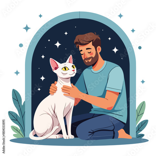 A man petting a white sphynx cat. Human and animal companionship concept. Flat design graphic of a pet owner and a hairless feline.