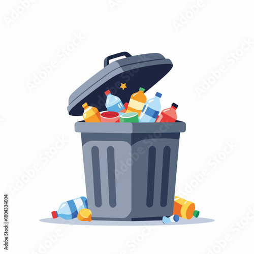 An overflowing trash can full of plastic bottles and garbage. Flat design graphic representing waste, pollution, and recycling. Messy garbage bin icon isolated on a white background