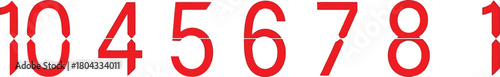 Red numbers ten four five six seven eight and one on a white clean background