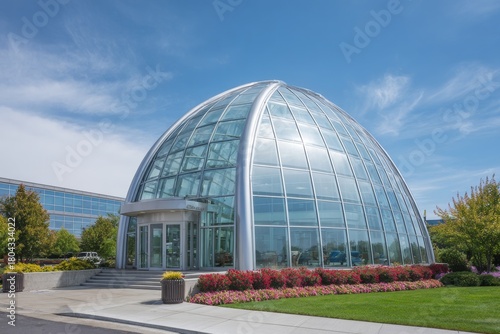Modern glass structure with curved design in bright sunlight against a clear blue sky