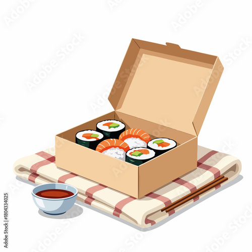Japanese sushi set in a takeaway box. Isometric food graphic with salmon nigiri and maki rolls. Asian cuisine delivery concept