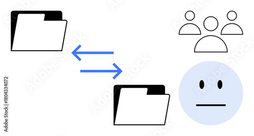 File folders exchanging data with arrows, group icons, and a neutral face. Ideal for communication, teamwork, file transfer, data sharing, collaboration workflow remote work. Simple flat metaphor