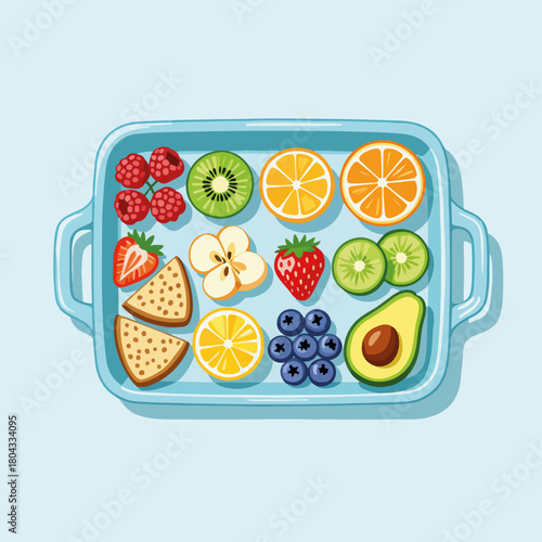 Healthy fruit and snack tray assortment. Top view of fresh berries, citrus, and avocado. Flat design graphic for nutrition and diet concepts