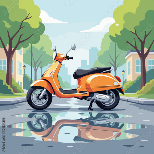 An orange scooter parked on a city street with its reflection in a puddle. Flat design graphic of urban transportation. Modern city life scene