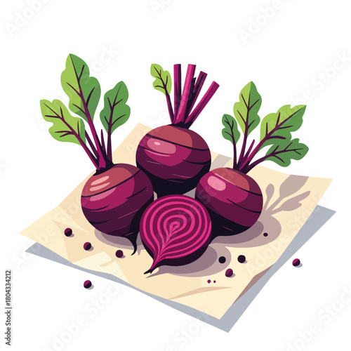 Fresh beetroot vegetable illustration. Stylized flat design graphic of whole and sliced beets. Healthy food ingredient isolated on white background