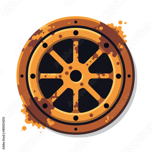 A rusty drain cover icon in a flat design style. Industrial manhole or sewer cap graphic. Weathered metal element with corrosion stains