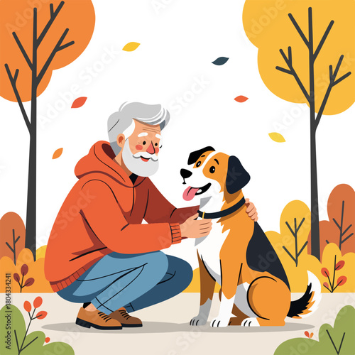 A senior man petting his dog in an autumn park. Flat design cartoon graphic of companionship. Elderly person and pet friendship concept