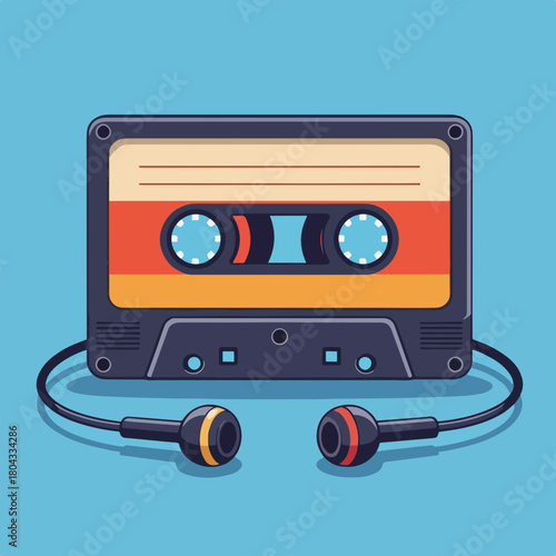 Retro cassette with earbuds flat design. Vintage 80s and 90s music technology concept. Simple cartoon audio tape graphic