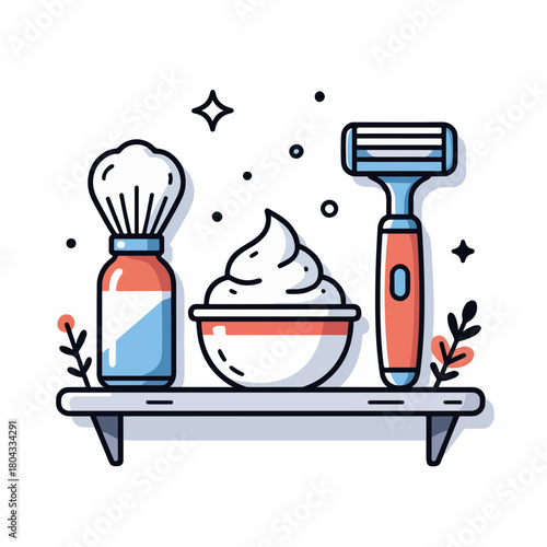 Minimalist illustration of shaving accessories on a shelf. A flat design icon with a razor, brush, and shaving cream. Men's grooming and personal care concept