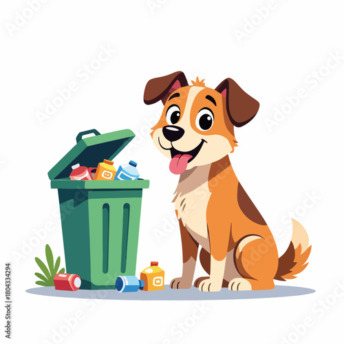 A cartoon dog sitting next to an overflowing garbage bin. Naughty pet or stray animal making a mess with trash. Flat design graphic
