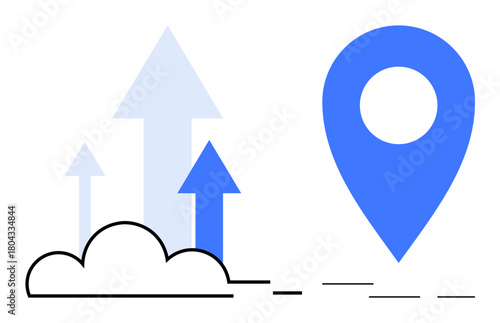 Arrows pointing upward from a cloud, symbolizing growth and trends beside a geolocation marker. Ideal for navigation, trends, strategy, progress, innovation, business success goals. Simple flat