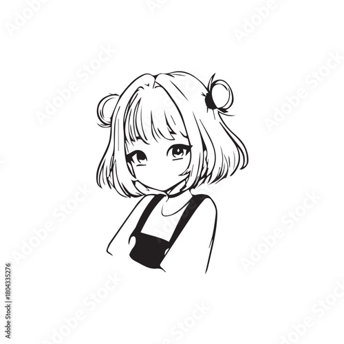 Beautiful Kawaii Girl Black and White Vector Illustration in Cute Simple Line Art Style