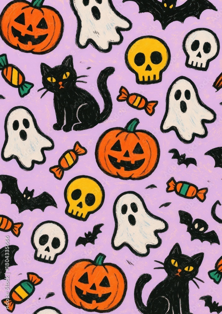 Fototapeta premium Playful Halloween-themed pattern illustration.