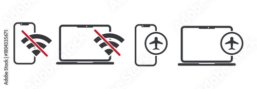 Bundle of isolated pictogram icons phone and laptop offline, airplane mode reminder, and no-signal activation warning for safety guidelines.