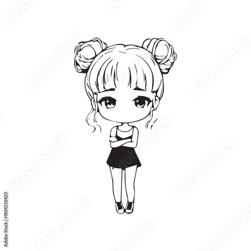 Beautiful Kawaii Girl Black and White Vector Illustration in Cute Simple Line Art Style